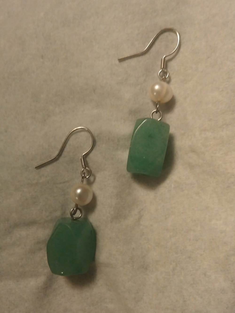 Handmade Green Stone and Pearl Drop Earrings